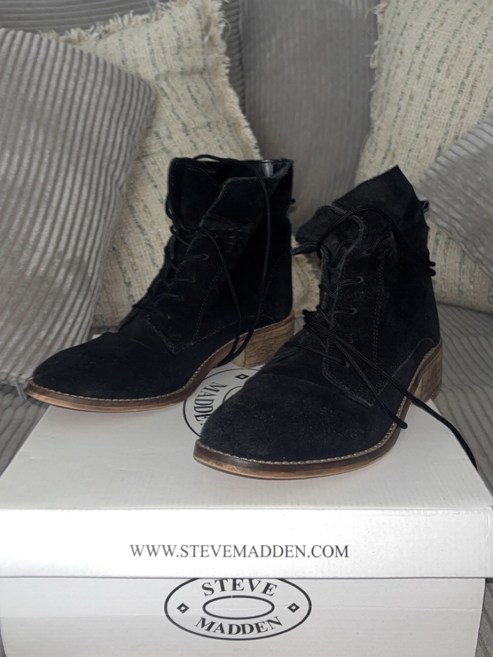 Steve Madden Black Suede Lace-Up Ankle Boots with Wood-Look Heel